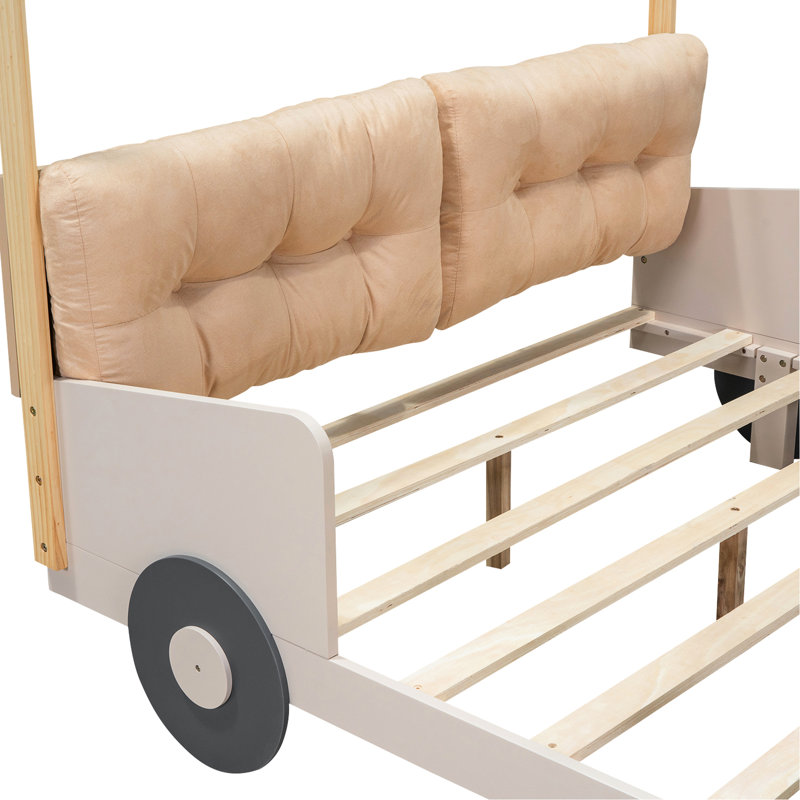 Lit en forme de voiture en bois ludique avec coussin moelleux, toile de plafond et lumières à DEL