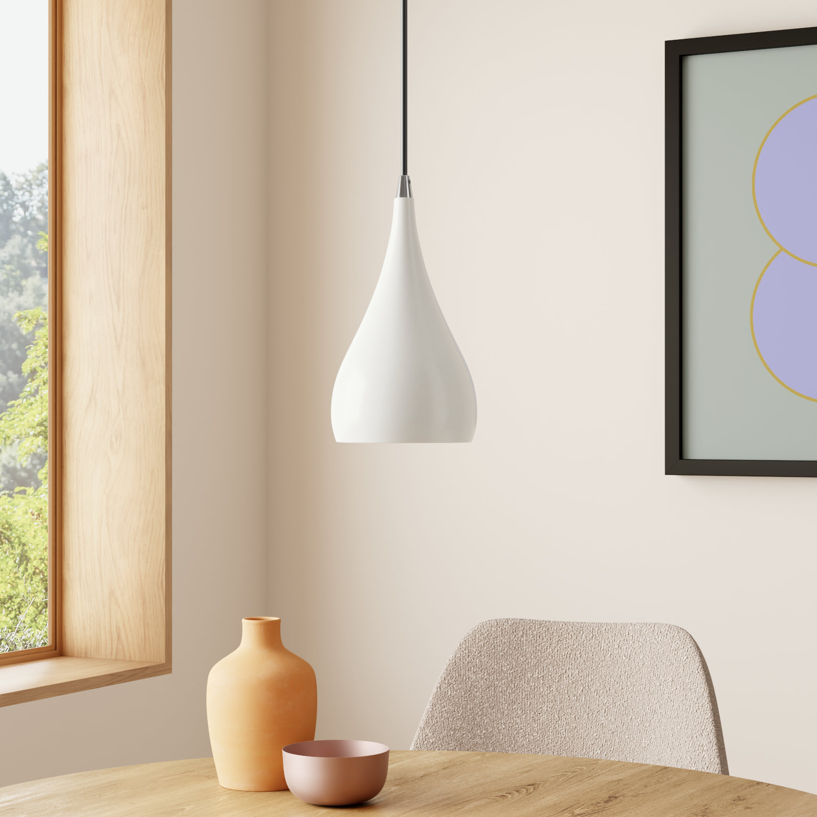 Schultz Single Light Metal Dimmable Pendant, Shiny White