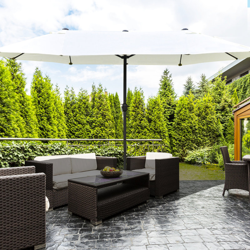 Parasol de patio beige 15 pi - marché rectangulaire en acier à double face pour écran solaire, poteau, terrasse à manivelle avec moustiquaire, nervures, à ajuster