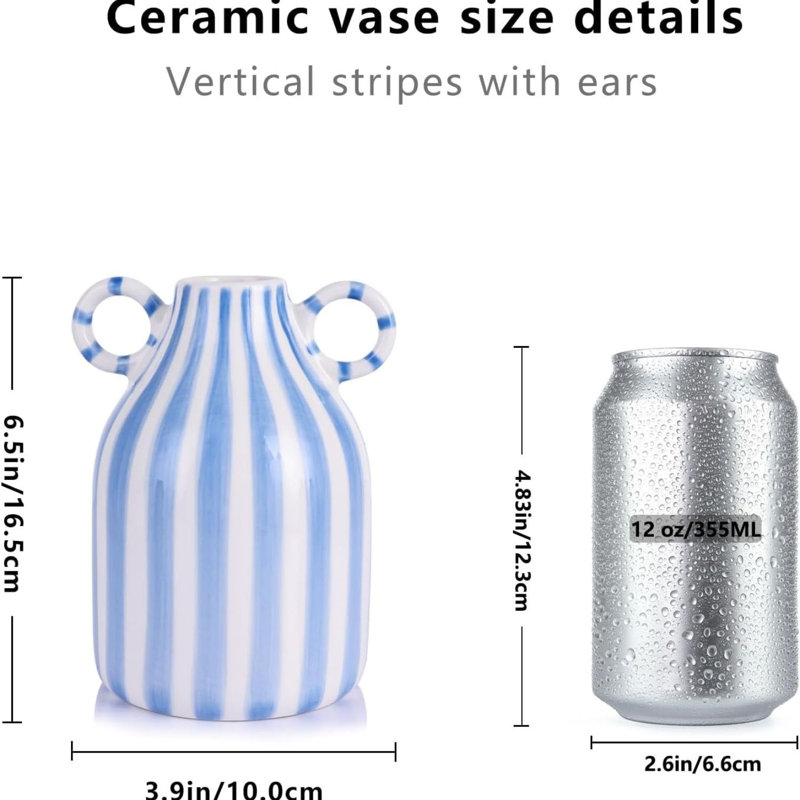 Petit vase décoratif en céramique rayé noir et blanc