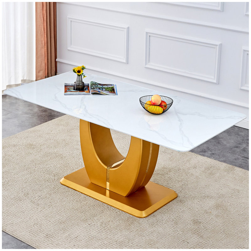 Table de salle à manger moderne et simple de luxe en imitation marbre blanc, pieds dorés, bureau rectangulaire