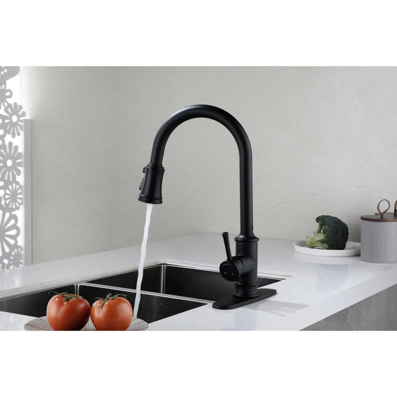 Robinet de cuisine monocommande à grande arche avec tirette, finition noir mat, acier inoxydable, débit de 1,8 gallon par minute, robinet en acier facile à installer, poignée, arc, noir, débit en gallons par minute, utilisation