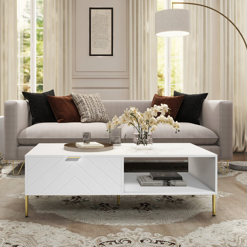 Mid-Century Modern Coffee Table with Double Drawers, White