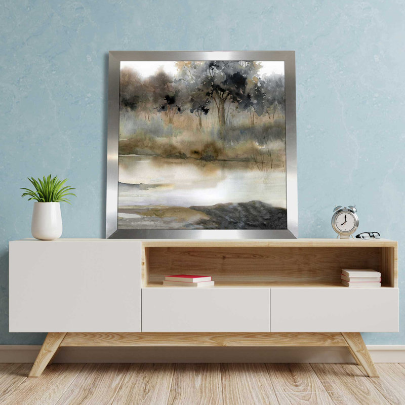Serene River par Carol Robinson - Peinture, L 25,5 po x H 25,5 po, Encadrement argenté