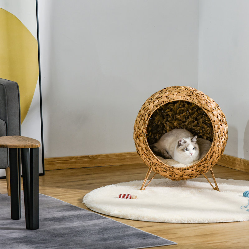 Lit rond pour chat, lit pour chat tissé de 20,5 po, maison de chaton surélevée tressée à la main avec feuilles de bananier