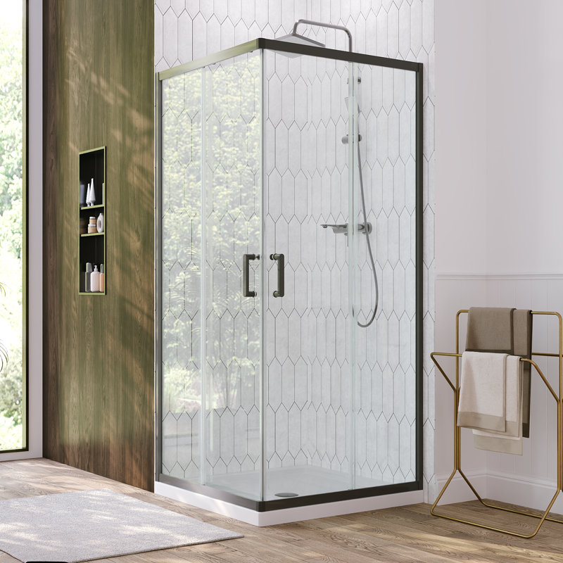 36"W X 36"D X 72"H Framed Square Double Sliding Corner Shower Enclosure With 5/16 In. Tempered Glass, Matte Black