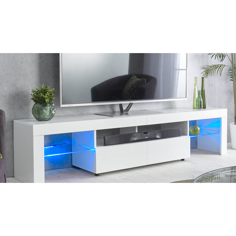 TV Stand by Chancey Glossy 200cm Wide Cabinet with Lights for up to 88" TV's, White