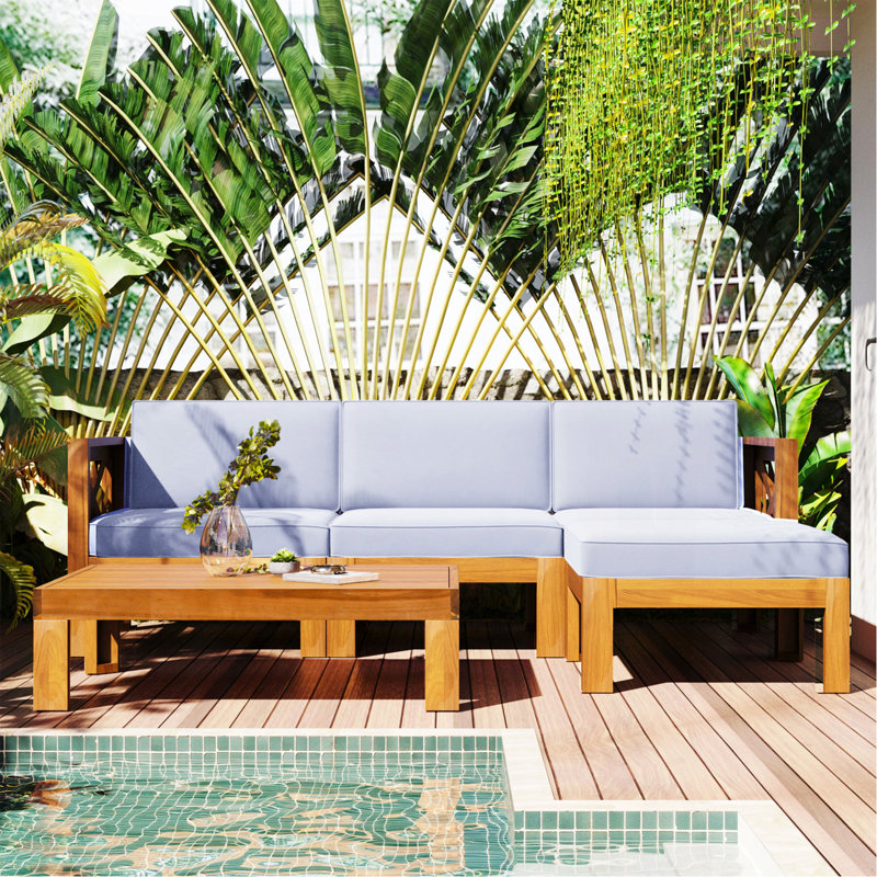 Ensemble de conversation modulaire d'extérieur en bois pour patio 5 pièces avec coussins, finition naturelle et coussins gris