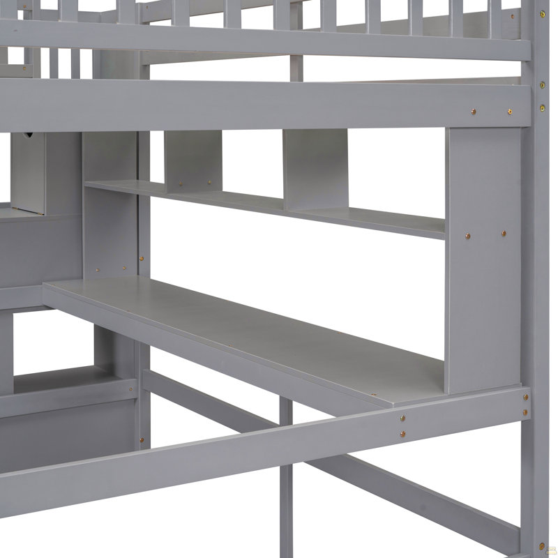 Lit mezzanine double avec bureau, tablettes de rangement et escalier