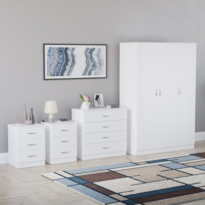 Tayce 4 Piece Bedroom Set (3 Drawer Bedside Chest X2, 4 Drawer Chest, 3 Door Wardrobe)