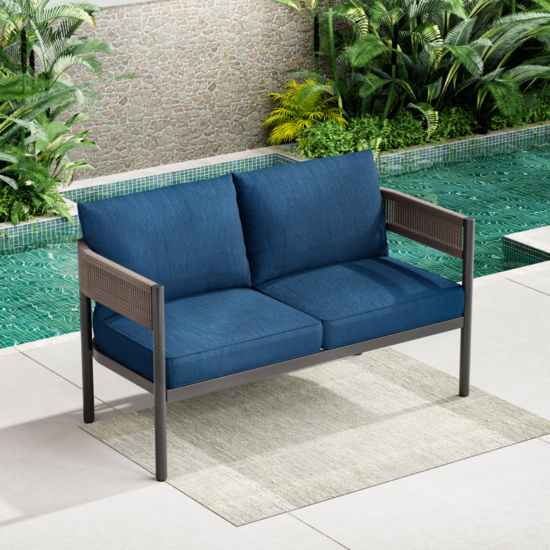 Maine Defino Wicker Outdoor Loveseat, Peacock Blue Cushion/Brown Arm