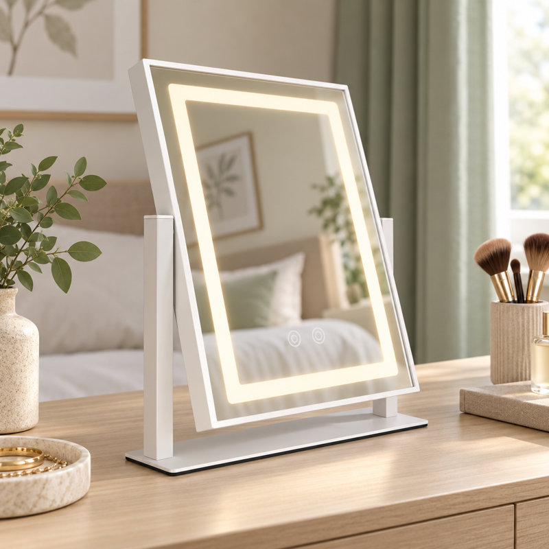 Miroir de maquillage rectangulaire lumineux avec bande DEL intégrée, 3 modes de couleur, miroir grossissant x10 et rotation à 360°