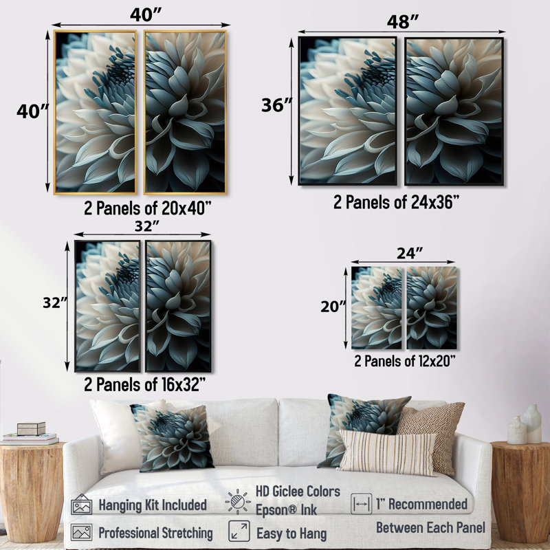 Dahlia bleu et blanc II, Black, 36" H x 48" W, Impression encadrée flottante