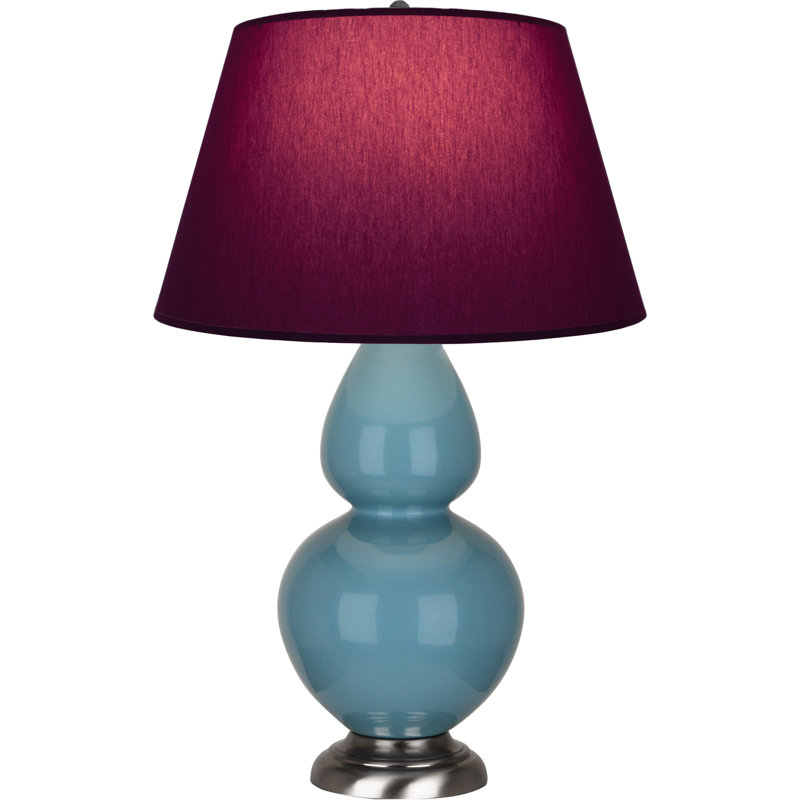Lampe de table double gourde en céramique, Thé vert / taupe, Bleu acier émaillé / argent antique, Argent argent