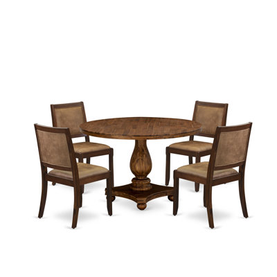 5-piece Kitchen Table set included a Round Kitchen Table and 4 Brown Texture Polyester Fabric stackable Dining Chair, Antique Walnut Finish