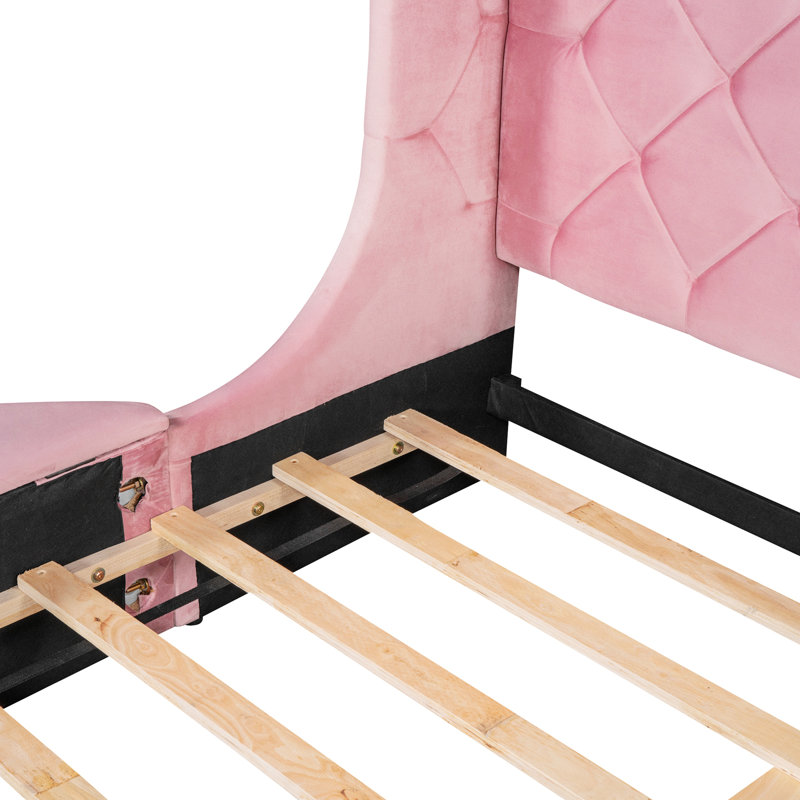 Lit plateforme tapissier à 3 tiroirs avec tête de lit à oreilles et banc latéral Jakayle, Rose