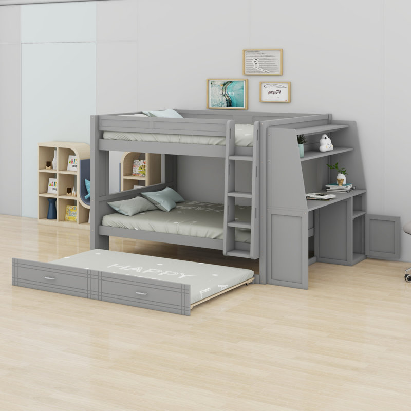 Lit superposé multifonctionnel avec bureau, tablettes et lit gigogne