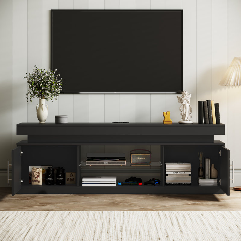 Meuble télé 59 po avec lumière DEL RVB et station de charge, console multimédia pour téléviseur de 65 po ou moins, Noir