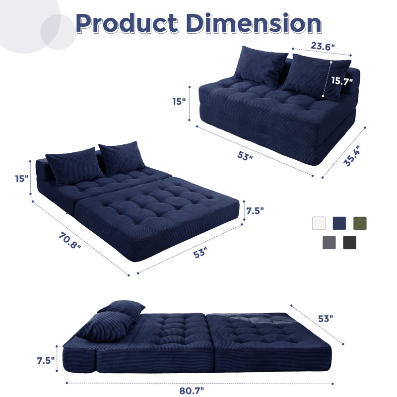 Canapé-lit pliant Corduroy, H 15 po x l 53 po x P 35,4 po, Bleu