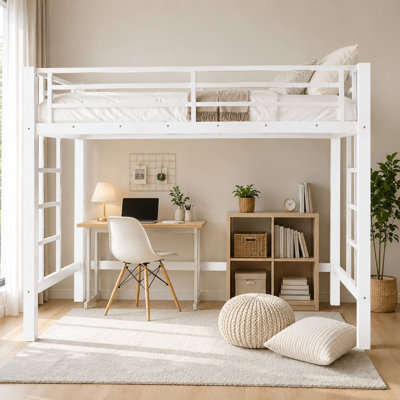 Twin Xl Size Metal Loft Bed, Loft Bed With Easy Climbing Ladder And Guardrails , No Box Spring Needed，white