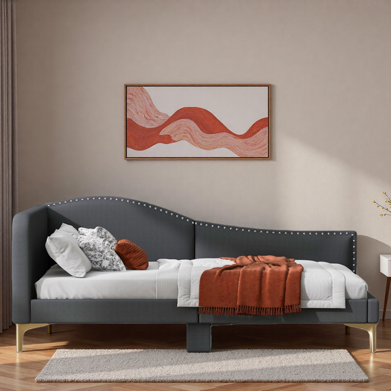 Upholstered Daybed With Headboard And Armrest, Gray, Twin