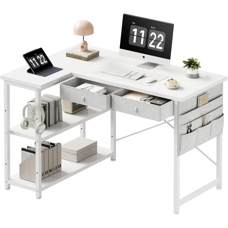 Compact L-Shaped Desk With Drawers And Shelves, Space-Saving Corner Computer Desk With Storage Pouch, Ideal For Home Office And Study Rooms