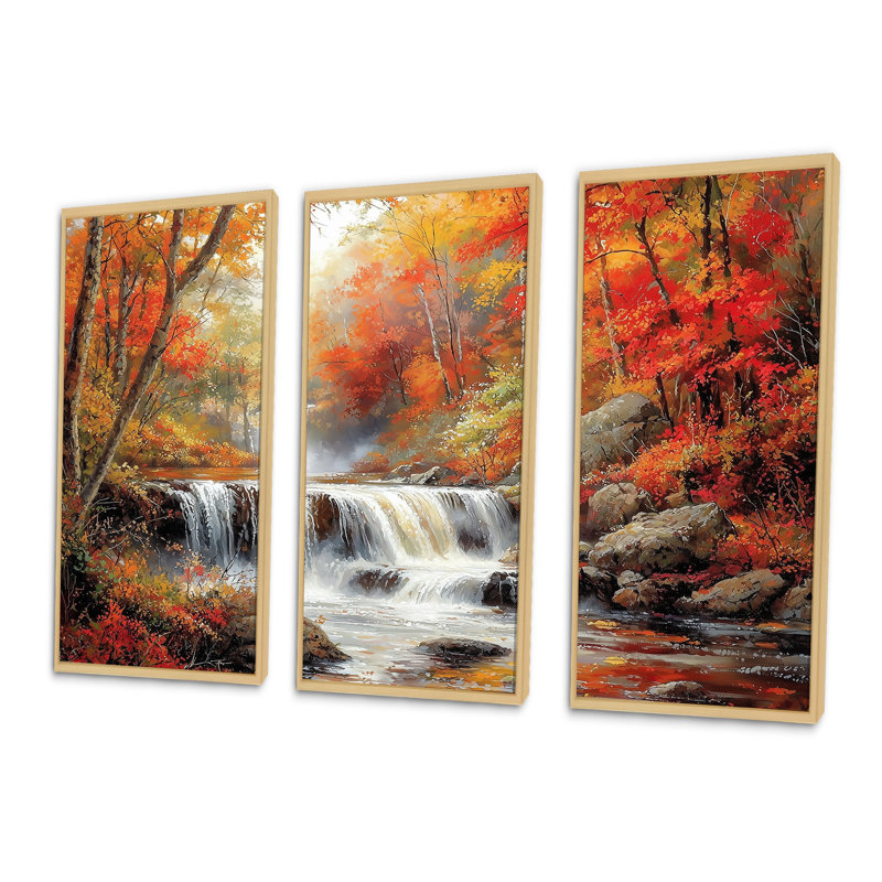 «Red Autumn Mountain Waterfall Long View II - Waterfall Wall Art Living Room», ensemble, H 28 po x l 36 po x P 1 po