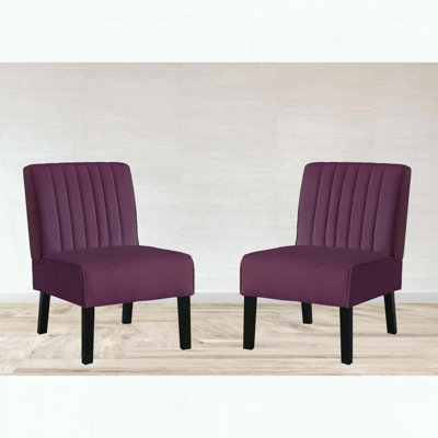 Set of 2 Mid-Century Modern Velvet Chairs – Eggplant – Channel Tufting