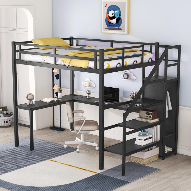 Lit mezzanine simple noir de très grande taille avec bureau en L, garde-robe, rangement pour escalier, charge USB, éclairage à DEL, escalier interchangeable gauche / droite, aucun sommier nécessaire