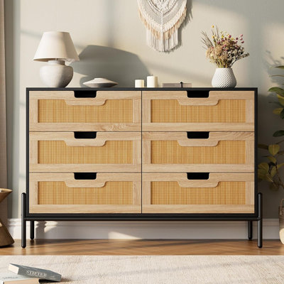 Commode 6 tiroirs en rotin, l 47,2 po x P 15,7 po x H 32,3 po avec poignées en métal, commode moderne avec glissières anti-basculement et coulissantes silencieuses pour la chambre à coucher, le couloir, la chambre d'enfant, noir