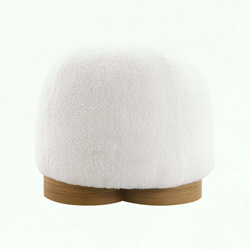 Round Teddy Fabric Ottoman with Cobblestone Design and No-Assembly, White