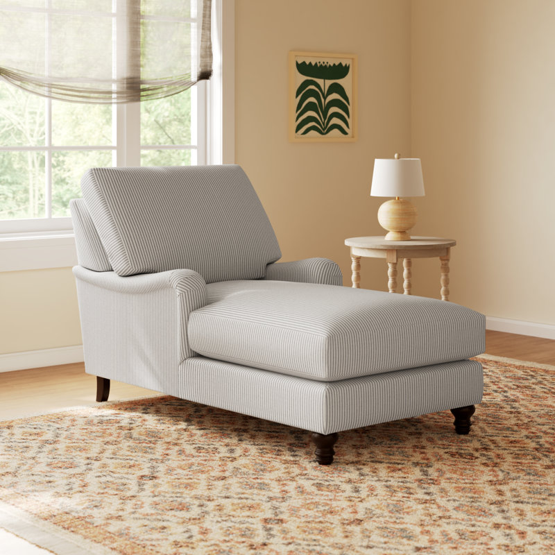 Walters Upholstered Chaise Lounge with Recessed Arms, Cruise Gray Striped