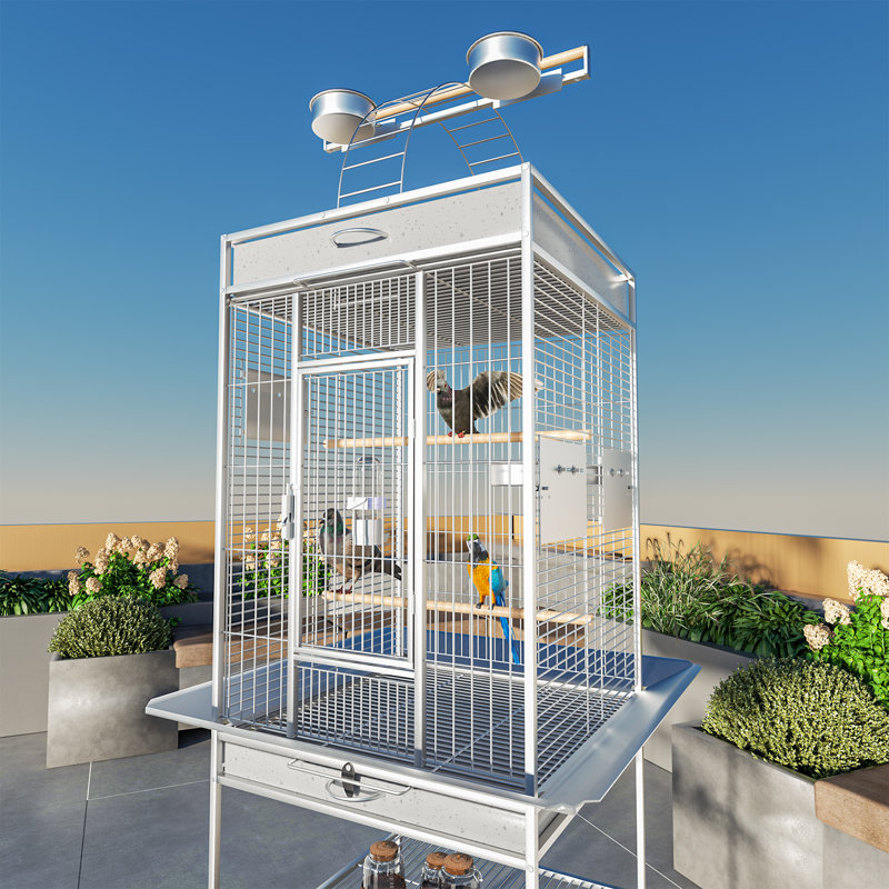 Black 61" Wrought Iron Play Top Bird Cage with Stand