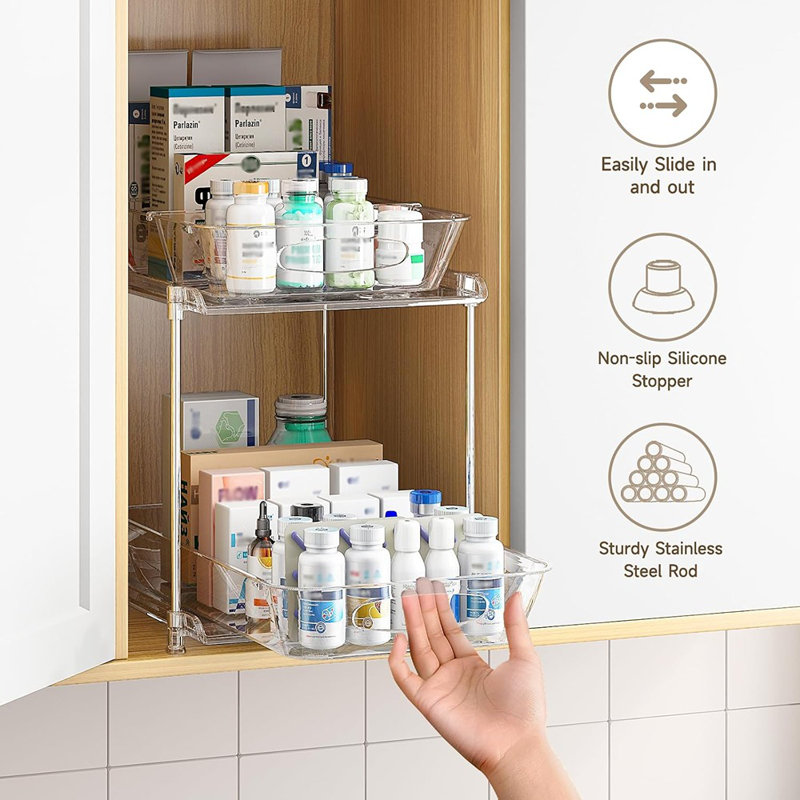 Ensemble de 2 organisateurs d'armoires de salle de bain - Tablette coulissante transparente sous le lavabo à 2 niveaux avec séparateurs pour la cuisine, le garde-manger, le placard, le meuble-lavabo et le placard