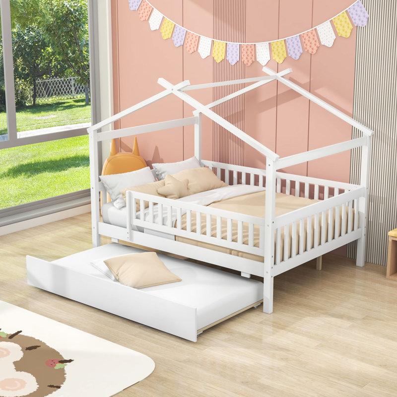 Full Size Wooden House Bed With Twin Trundle, White