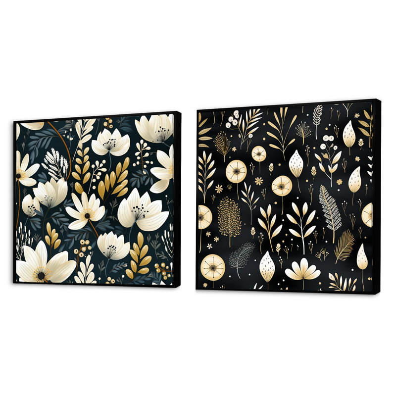 Whitnash - Ensemble de 2 collages carrés floraux, Cadre flottant noir, H 36 po x l 73 po