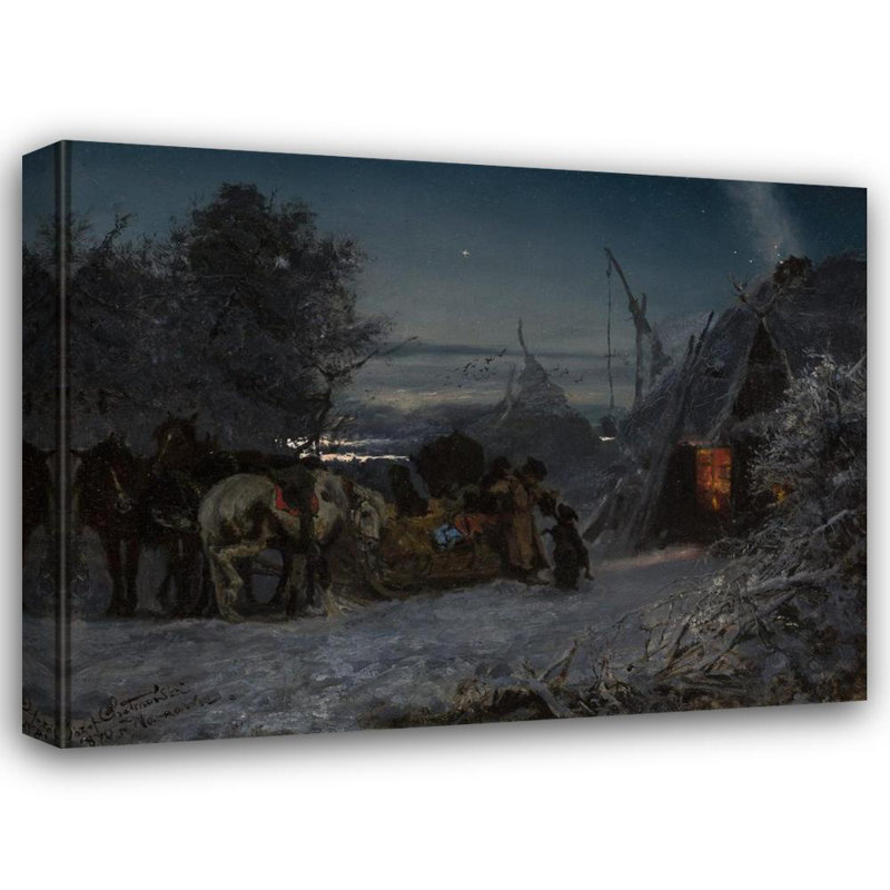 «Sleigh in Front of a Hut at Night» par Jozef Chelmonski - Art mural sur toile tendue avec châssis, H 18 po x l 14 po