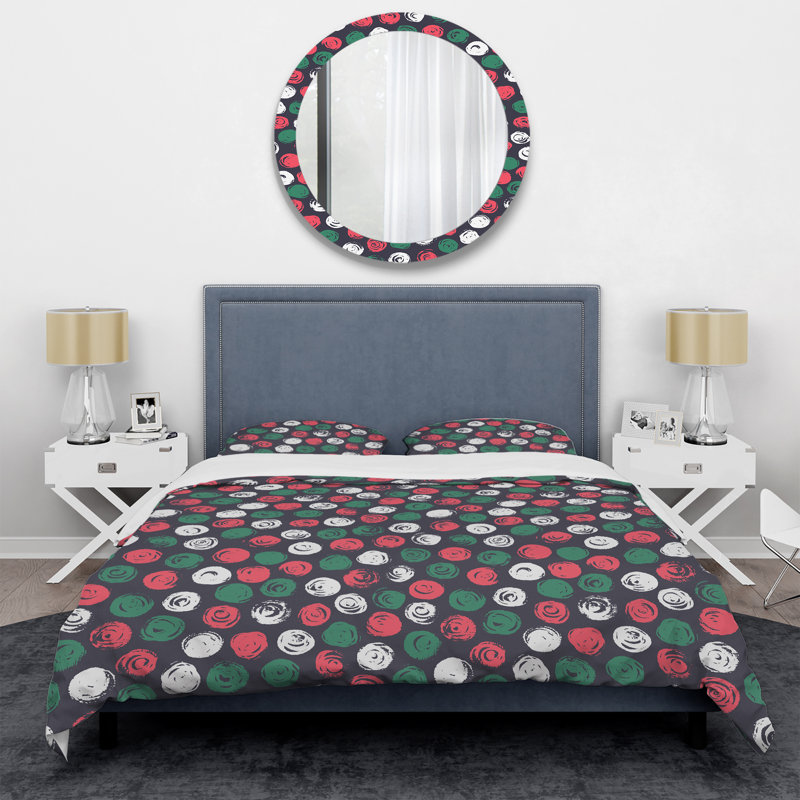 Motif de cercle vert et rouge - Ensemble de housse de couette abstrait - Polyester en microfibre