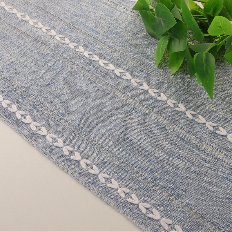 Chemin de table rayé en coton mélangé avec broderies ajourées, Bleu, Rectangle 94 po