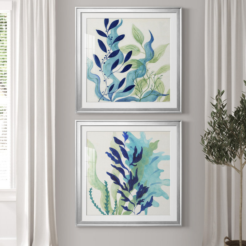 Blue Coral I - ensemble de 2 peintures, Impression encadrée avec passe-partout, H 22,5 po x l 45 po, Silver