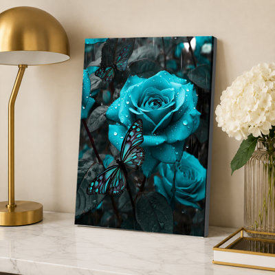 Teal Rose Turquoise Blue Flower Contemporary Black and White Pictures for Butterfly Poster