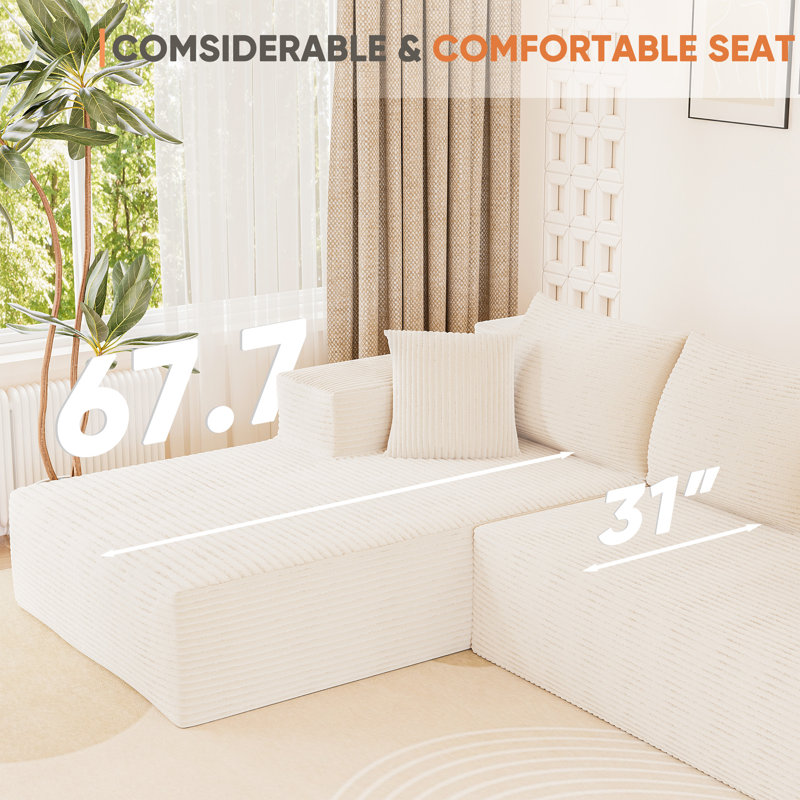 Boneless 108" L-Shaped Compression Sectional Couch with 3 Seats, Wide Modular Sofa for Living Room, Beige Corduroy 