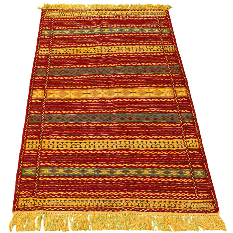 Tapis rouge foncé / jaune en laine fabriqué à la main Kilim
