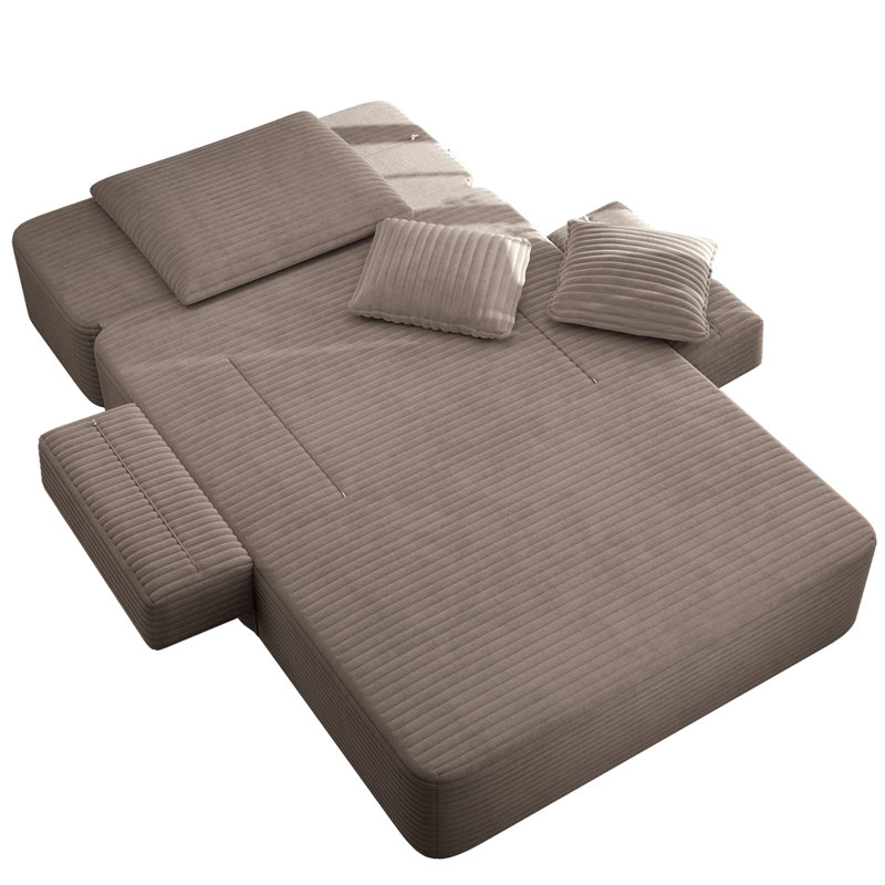Chaise longue en velours côtelé luxueux avec 3 coussins, canapé-lit convertible et poche de rangement, Corduroy+Coffee