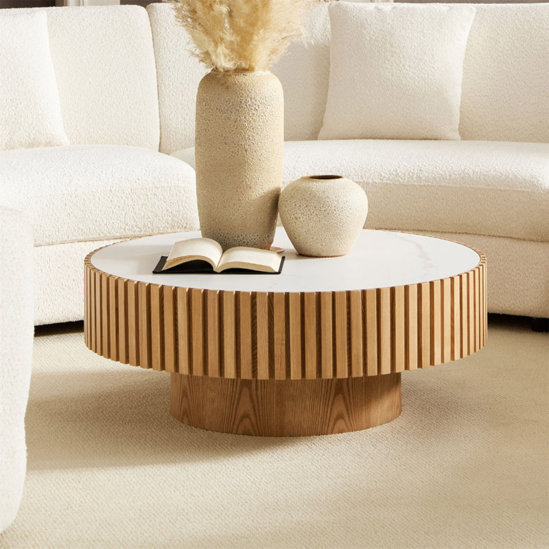 Table basse cylindrique de 35,43 po, Oak, Blanc