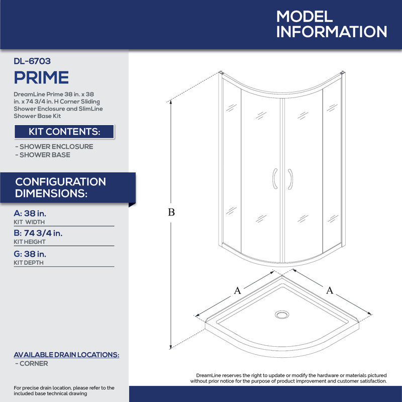 Prime 38" W x 38" D x 74.75" H Round Sliding Shower Enclosure with Base Included, Matte Black, White