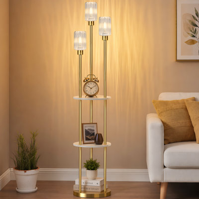Lampe sur pied 71 po à 3 lumières avec abat-jour transparent en verre 71 po avec 3 tablettes pour salon