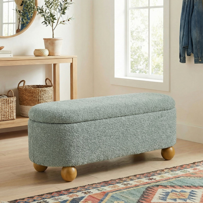 Modern Oval Storage Bench with Spherical Legs for Entryway and Living Room, Light Green