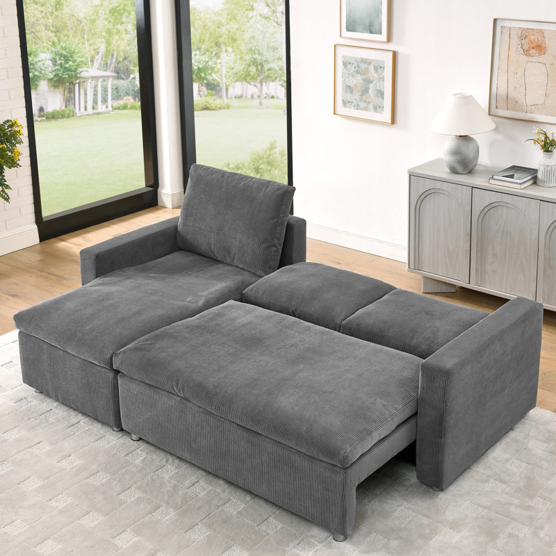 Lit de 90 po avec literie en velours côtelé gris et rangement pour canapé modulaire, Gris