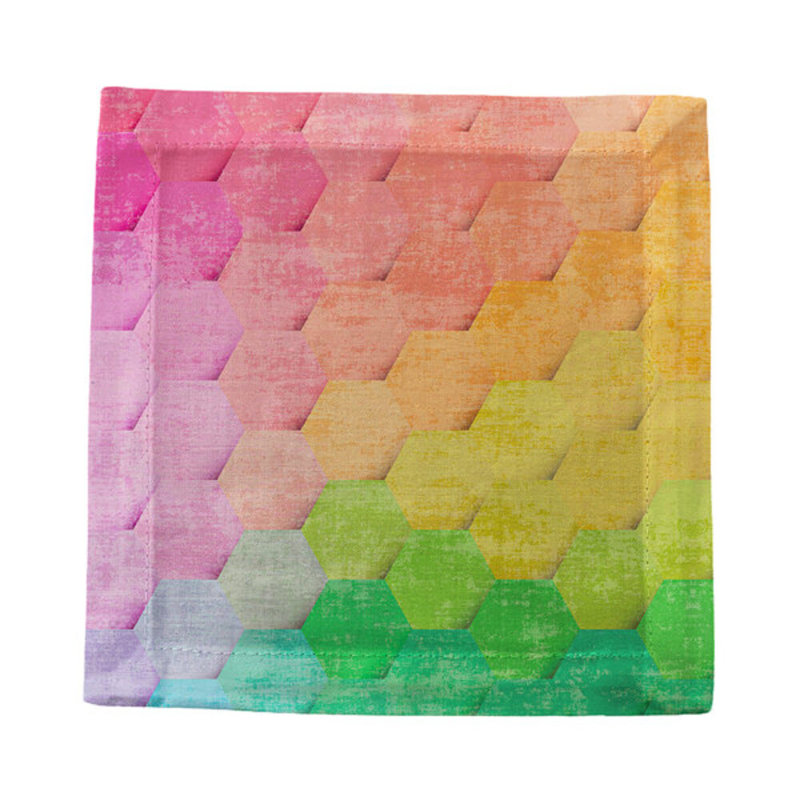 Hex Cotton Sateen Cocktail Napkins, Pink Yellow Green